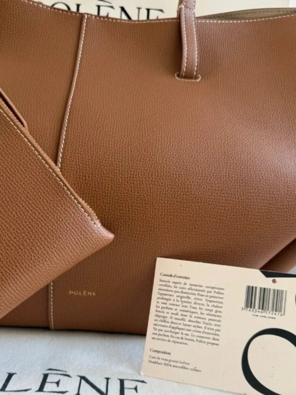 Polène Cyme Camel Cross-Grain Leather Sculptural Full Size Tote Bag
